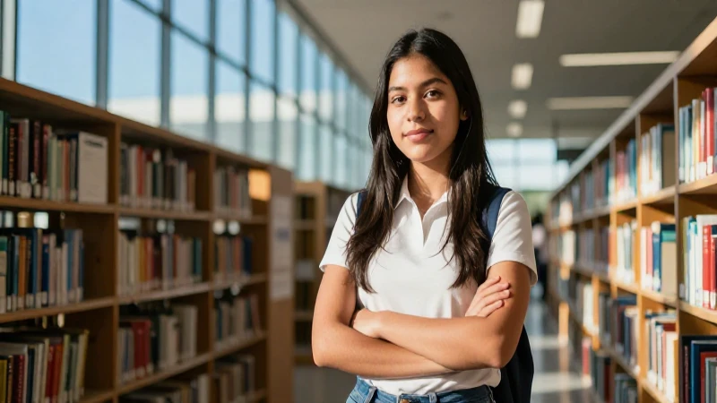 Estudiante mexicano en una biblioteca luminosa