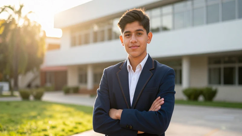 Joven estudiante mexicano sonriendo en campus moderno