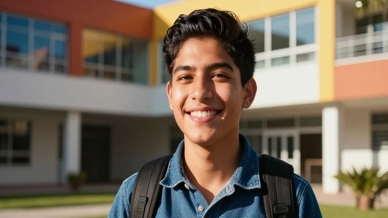 Estudiante mexicano esperanzado, campus vibrante y luz cálida