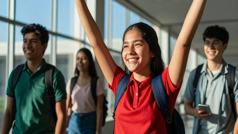 Estudiante mexicano sonriente celebra un triunfo