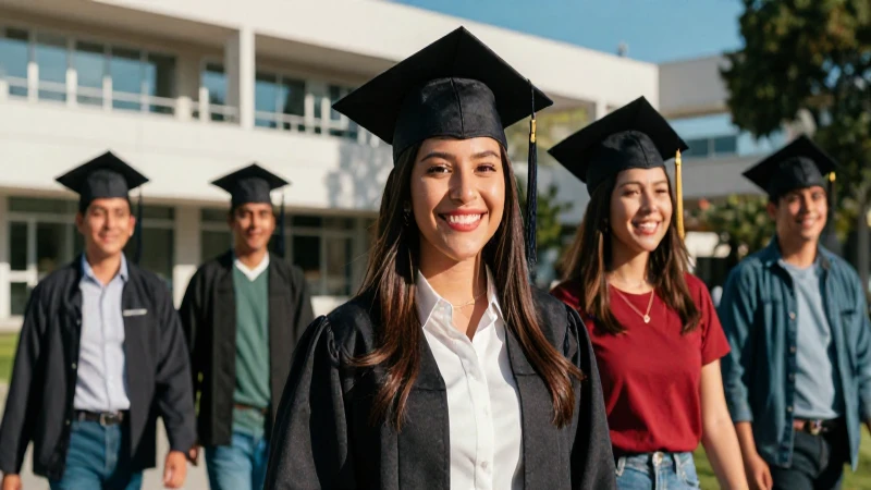 Felices graduados mexicanos en campus soleado