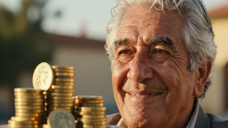 Jubilado mexicano feliz con monedas doradas