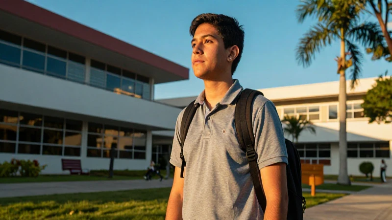 Estudiante mexicano decidido en campus moderno