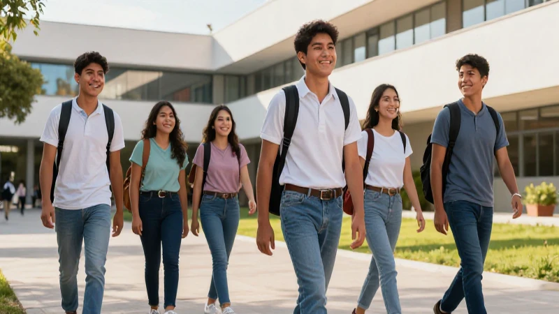 Estudiantes mexicanos felices en campus moderno