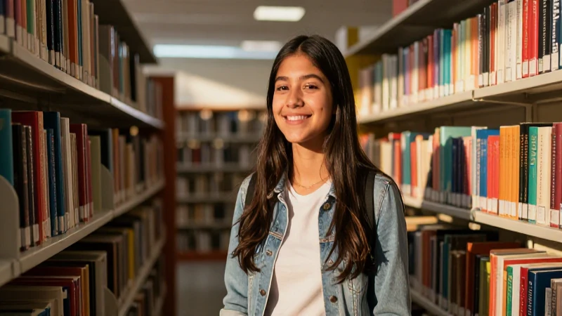 Joven mexicano feliz en biblioteca luminosa