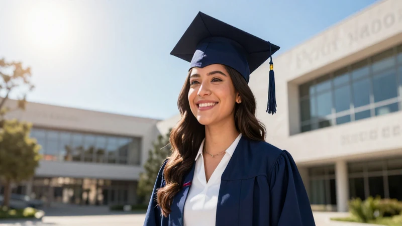 Joven mexicana sonriendo en graduación con sol