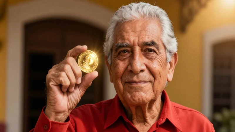 Retrato detallado de anciano mexicano con moneda dorada