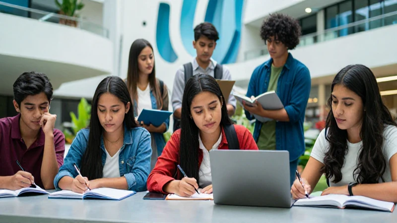 Estudiantes mexicanos modernos en campus futurista