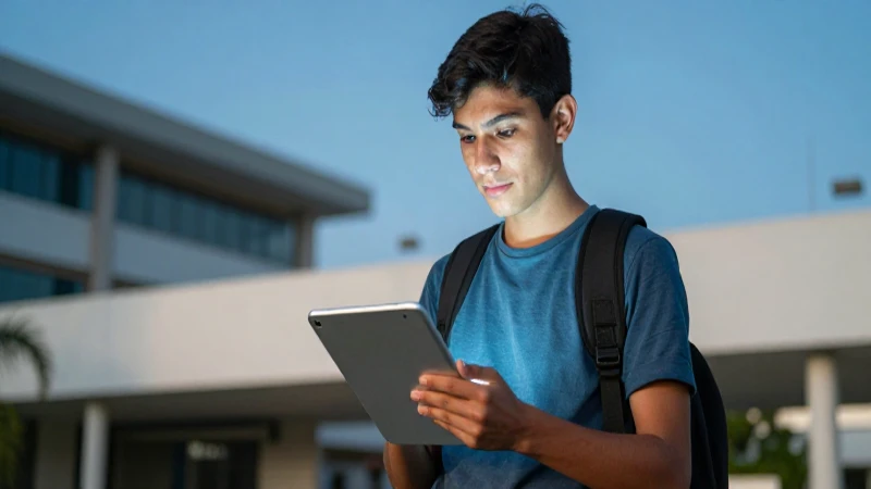 Estudiante mexicano con tablet en campus moderno