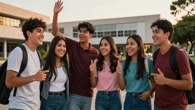 Estudiantes mexicanos celebrando en campus vibrante