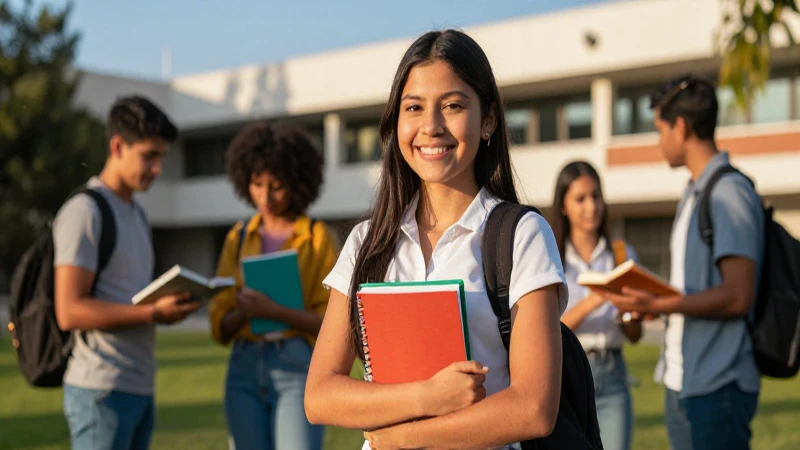 Estudiante mexicana radiante con libro al atardecer