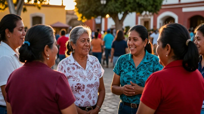 Plaza vibrante de Apaseo, con personas felices y luz dorada