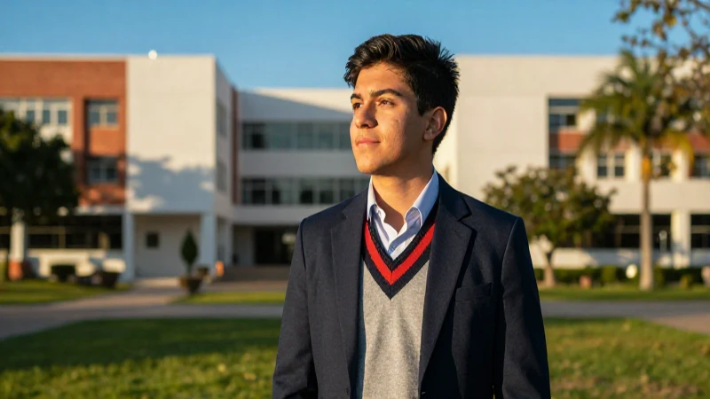Estudiante mexicano sonriendo en campus universitario