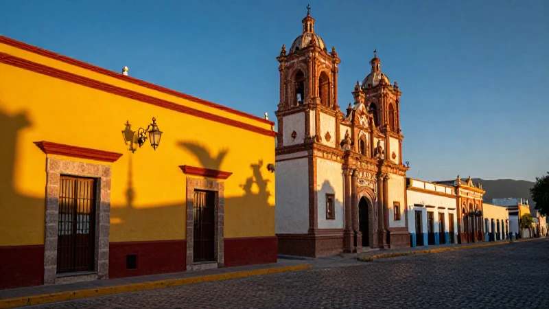 Pueblo mexicano vibrante, luz dorada, alto contraste