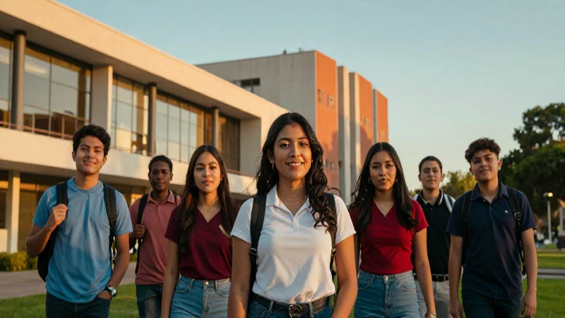 Estudiantes mexicanos en campus moderno, luz dorada