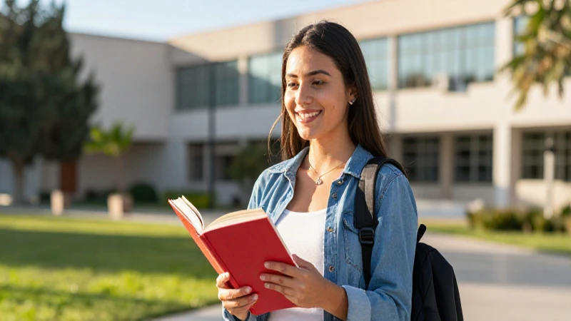 Estudiante mexicana sonriente en campus moderno con luz dorada