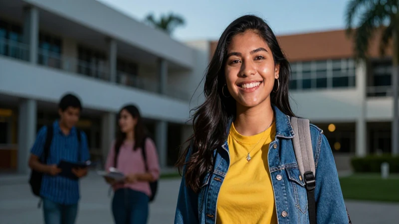 Estudiante mexicano sonriente en campus dinámico