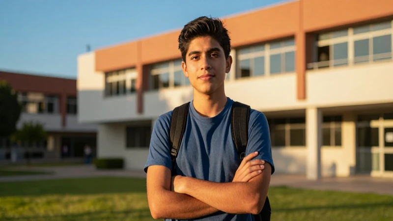 Joven estudiante mexicano en campus moderno