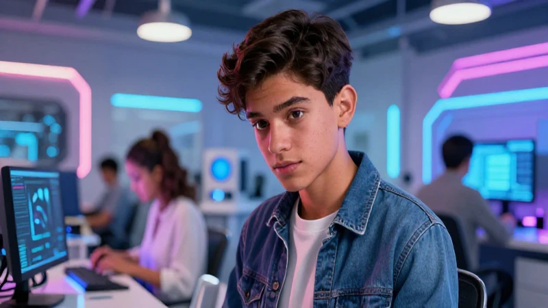 Estudiante mexicano ambicioso en centro tecnológico vibrante