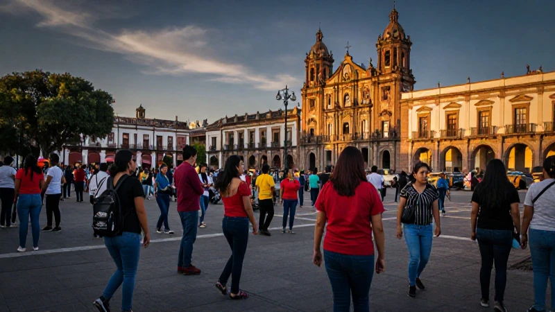 Multitud diversa en vibrante plaza al atardecer