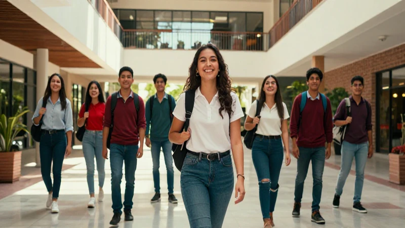 Estudiantes mexicanos felices en campus moderno