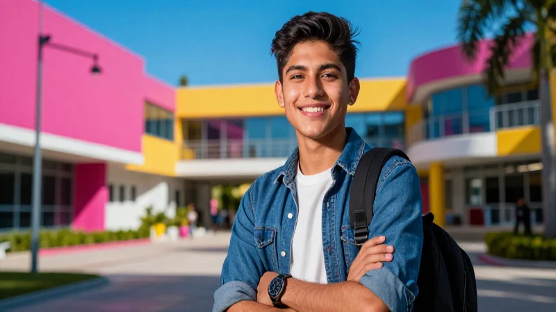 Joven estudiante sonriendo en campus moderno
