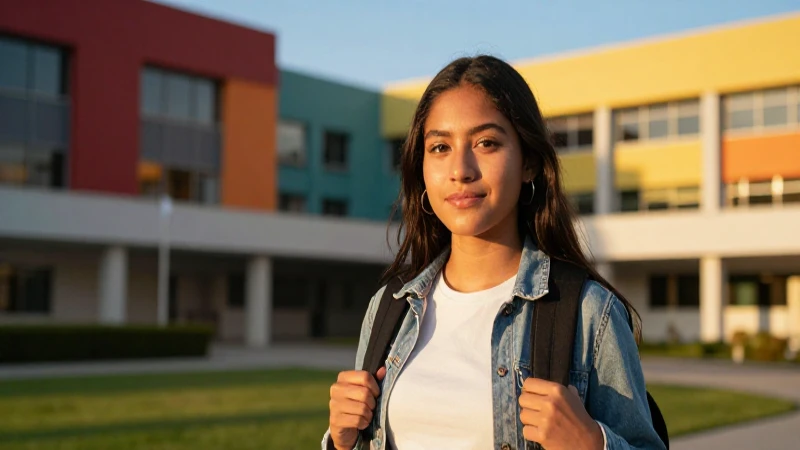 Joven mexicana en campus con luz dorada