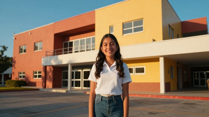 Joven mexicana alegre en campus moderno al atardecer