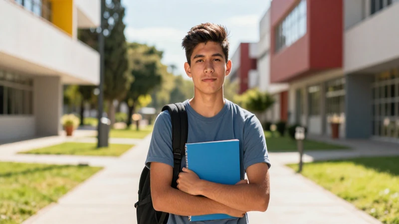 Estudiante mexicano en campus vibrante con luz cinematográfica