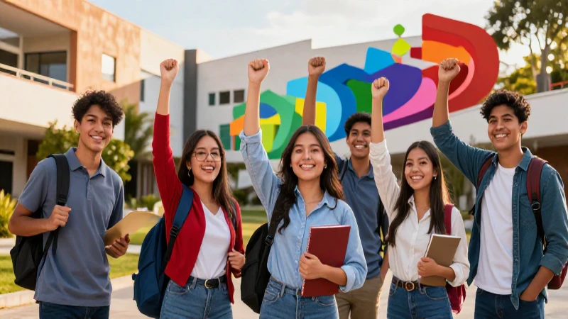 Estudiantes mexicanos celebrando éxito universitario moderno