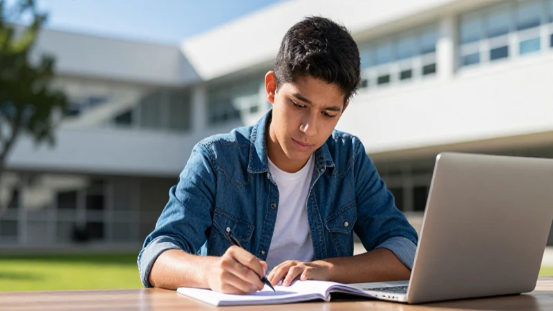 Joven estudiante mexicano enfocado en un campus moderno