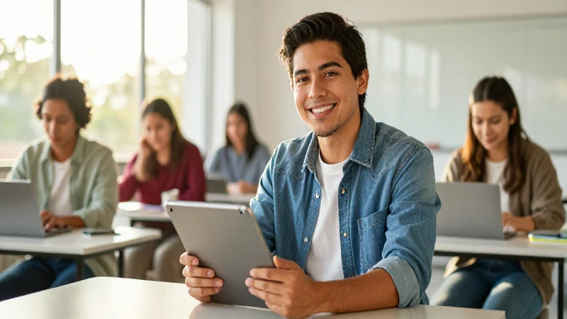 Joven mexicano moderno con tablet en entorno de aprendizaje