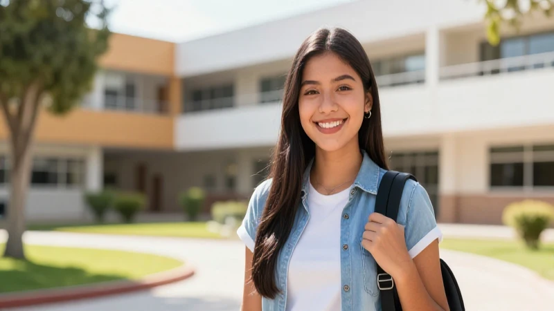 Joven estudiante mexicana sonriente en campus luminoso