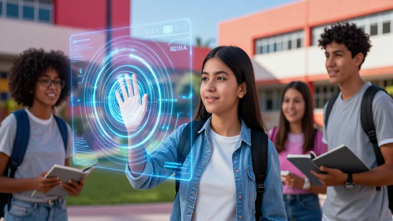 Estudiante mexicano interactúa con interfaz digital abstracta