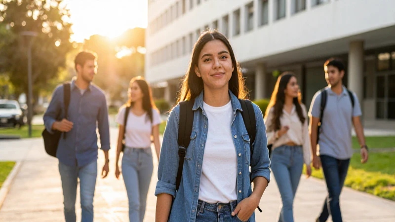 Joven estudiante camina en campus universitario bajo luz dorada