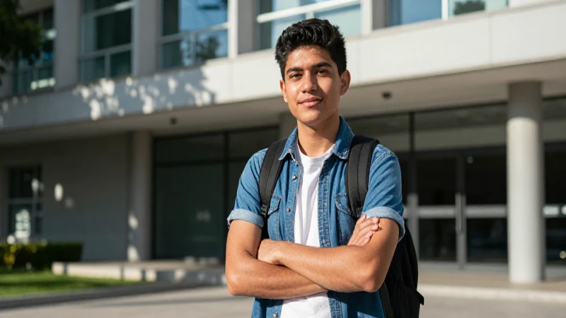 Joven estudiante mexicano seguro bajo luz vibrante
