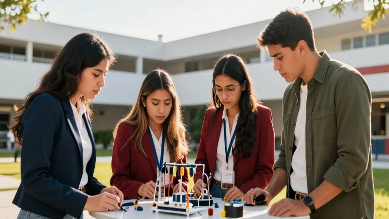 Estudiantes mexicanos técnicos en campus moderno y vibrante