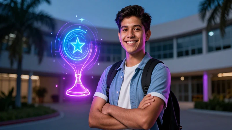 Estudiante mexicano brillante en campus moderno