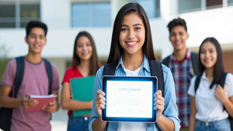Estudiante mexicano sonriente con certificado digital