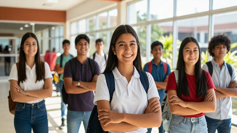 Estudiantes mexicanos felices en campus moderno