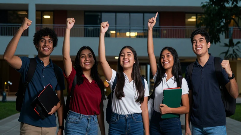 Estudiantes mexicanos celebrando éxitos académicos vibrantes