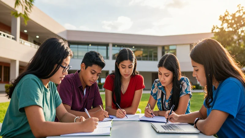 Estudiantes mexicanos colaboran en campus moderno al atardecer