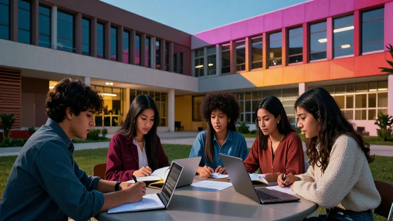 Estudiante mexicano en campus moderno, vibrante y detallado