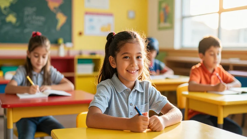 Niña mexicana sonríe en aula vibrante