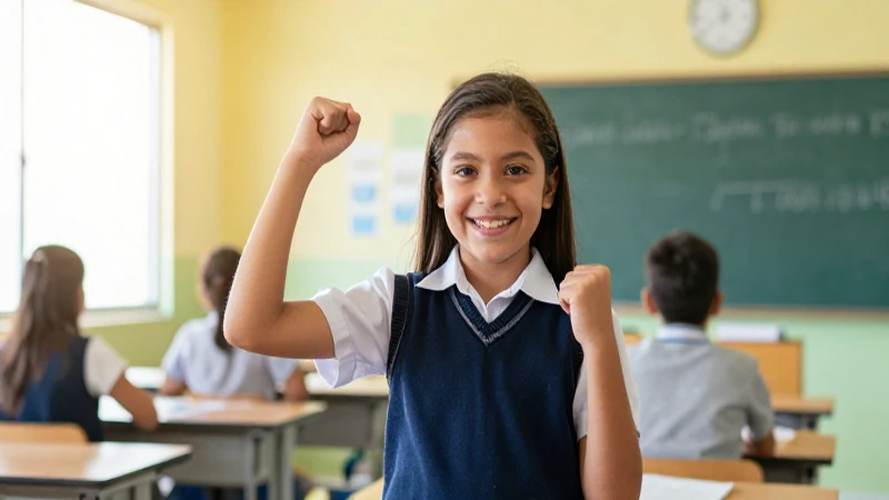 Alumno mexicano feliz celebra logro en aula brillante