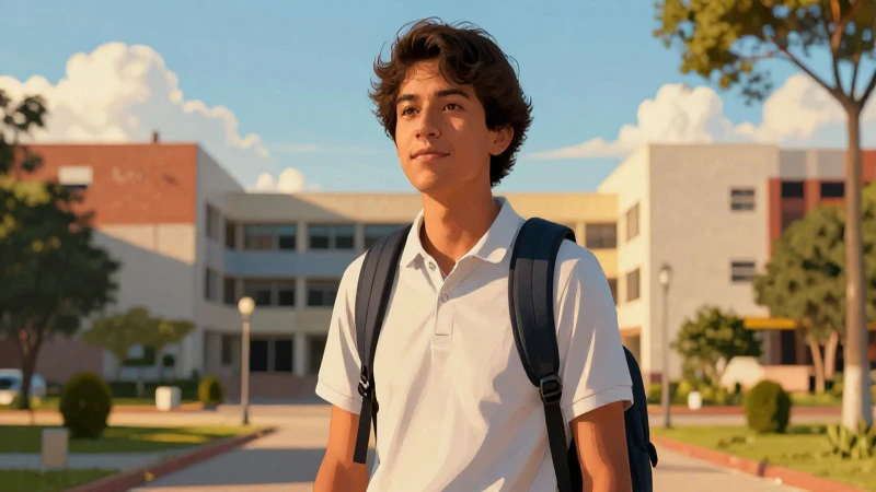 Estudiante mexicano en campus universitario al atardecer