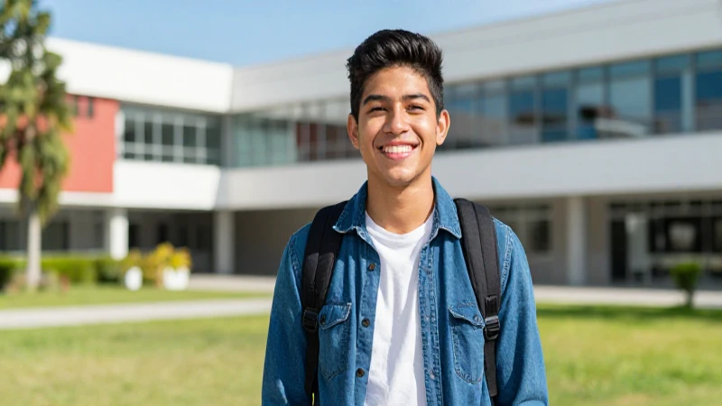 Joven estudiante mexicano sonriente en universidad vibrante