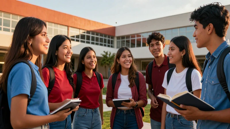 Estudiantes mexicanos felices en campus moderno