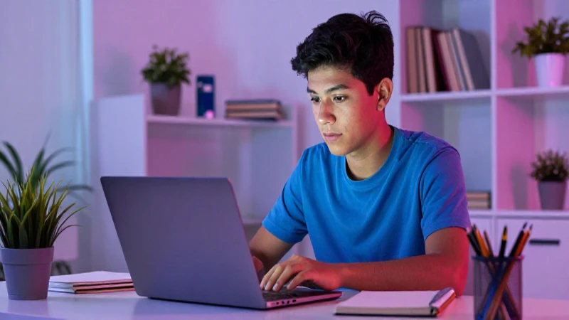Joven mexicano estudia intensamente en ambiente moderno