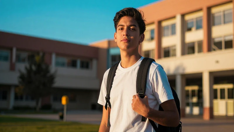 Estudiante mexicano brillante en campus moderno